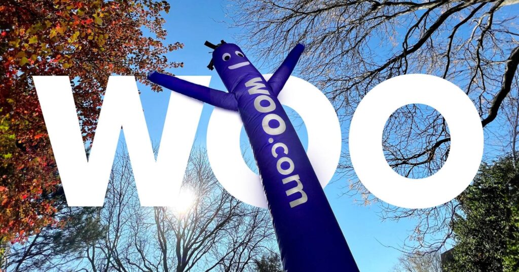 A purple balloon man with the new Woo brand 