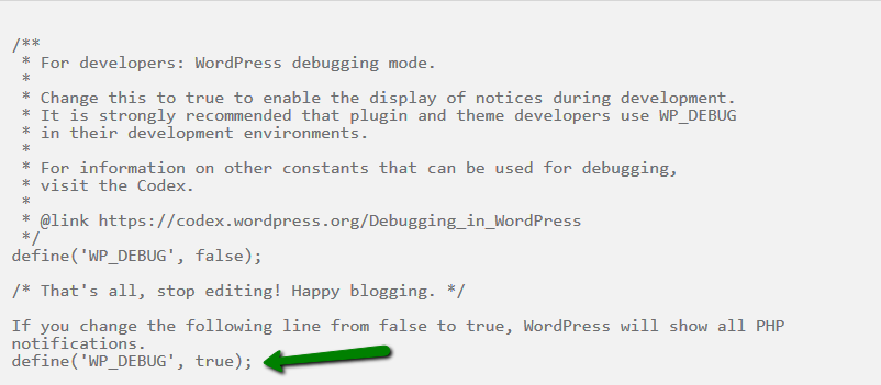 An example of code for using WordPress debugging mode. 