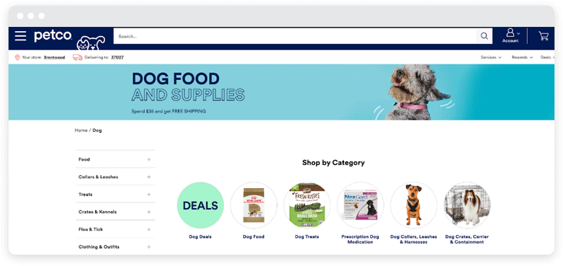 Screenshot of the Petco website