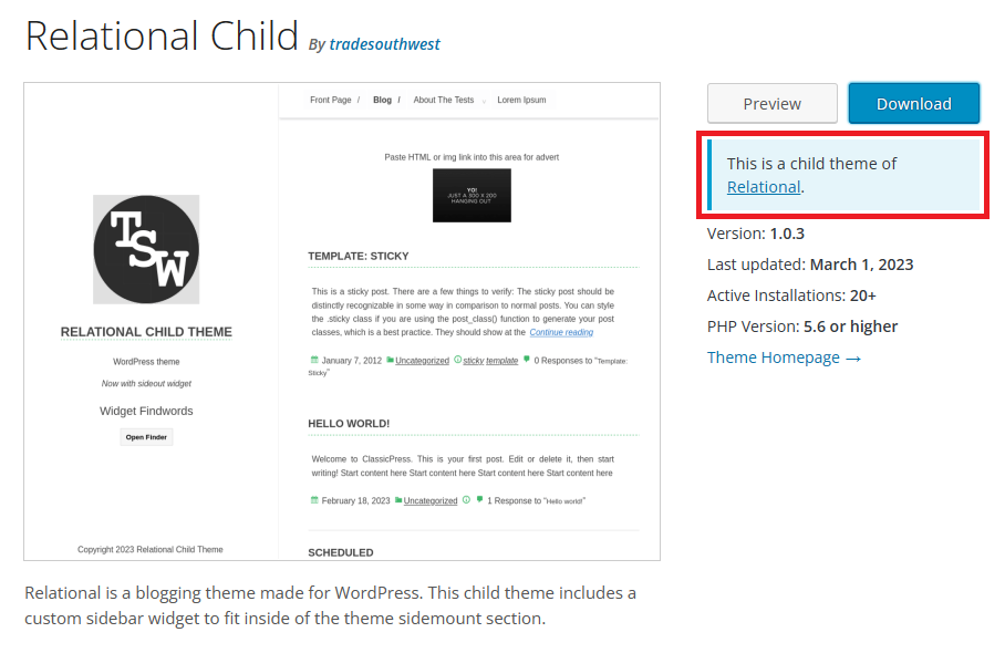 Screenshot of a child theme from the WordPress repository.