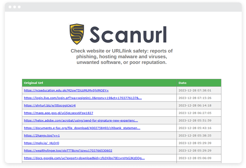 A screenshot of the Scanurl website