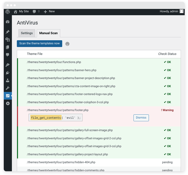 Screenshot from the AntiVirus plugin manual scan dashboard. 