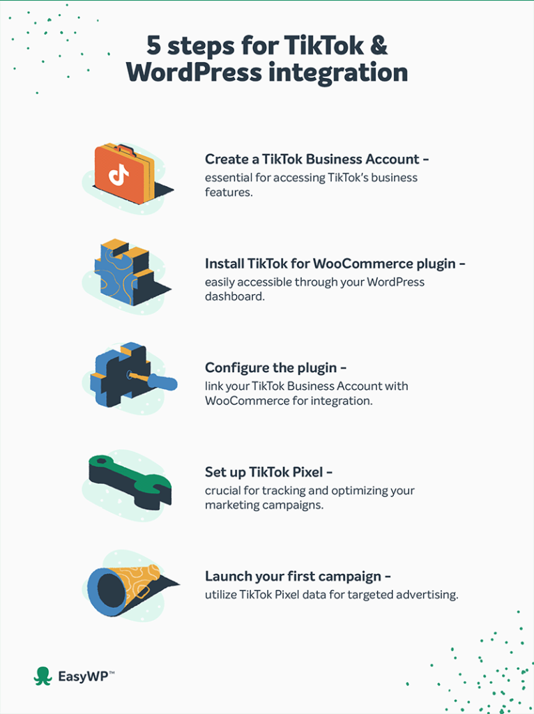 An infographic with 5 steps for TikTok & WordPress integration