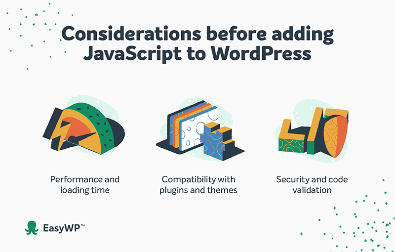 An infographic of things to consider before adding JavaScript to WordPress