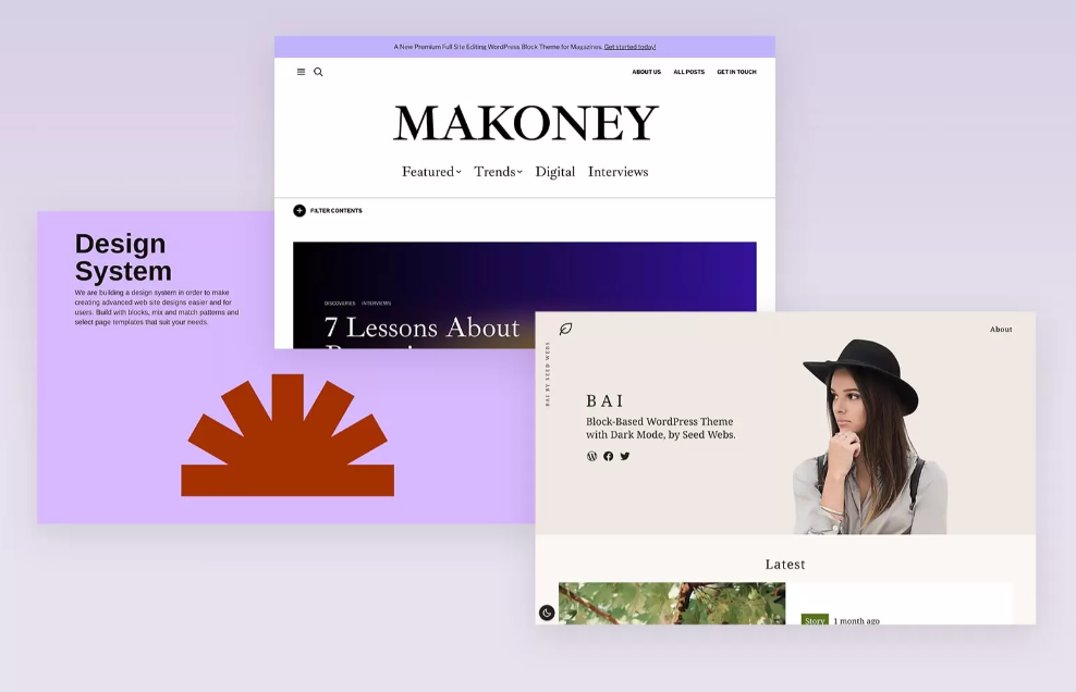 Examples of three WordPress themes over a purple background