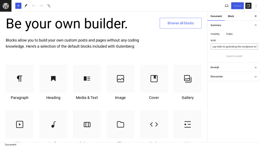 Settings in the WordPress block builder