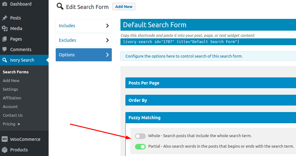 Settings are shown in the Ivory Search WordPress plugin