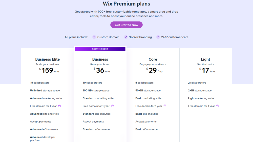 The Wix Premium plans subscription page. 
