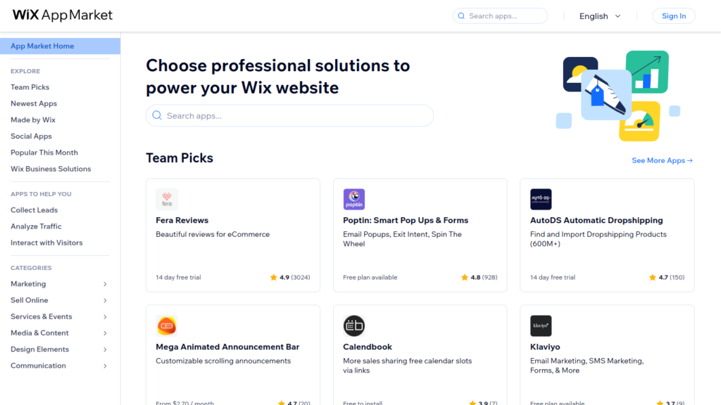 The homepage of the Wix app marketplace