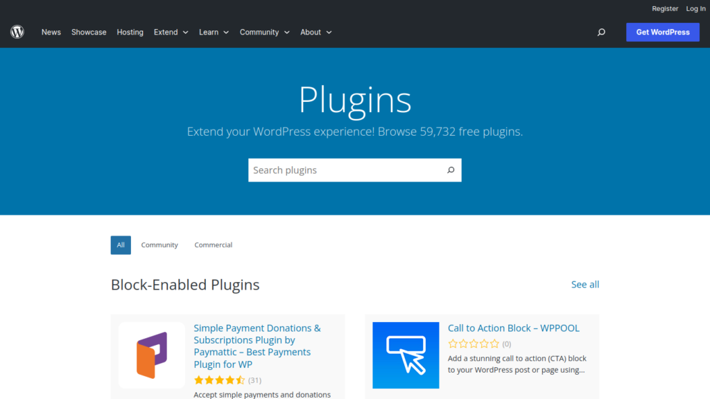 The homepage of the WordPress plugins repository