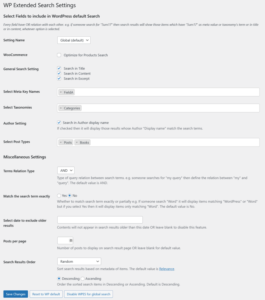 Example of the WP Extend Search settings