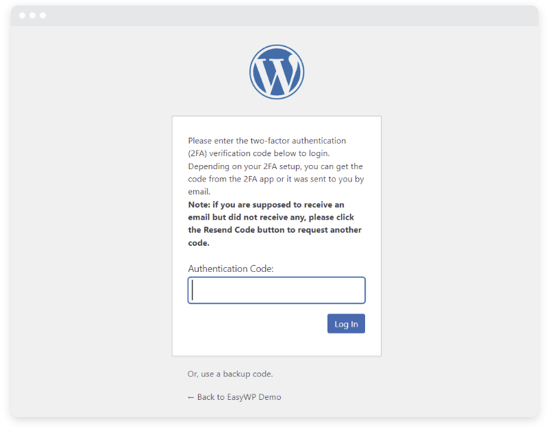 The 2FA code entry screen in WordPress