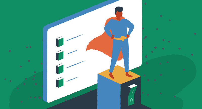 A superhero stands in front of a secured WordPress website. 