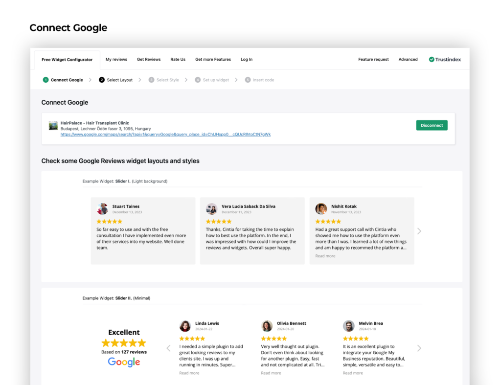 The setup screen to connect google in Widgets for Google Reviews plugin