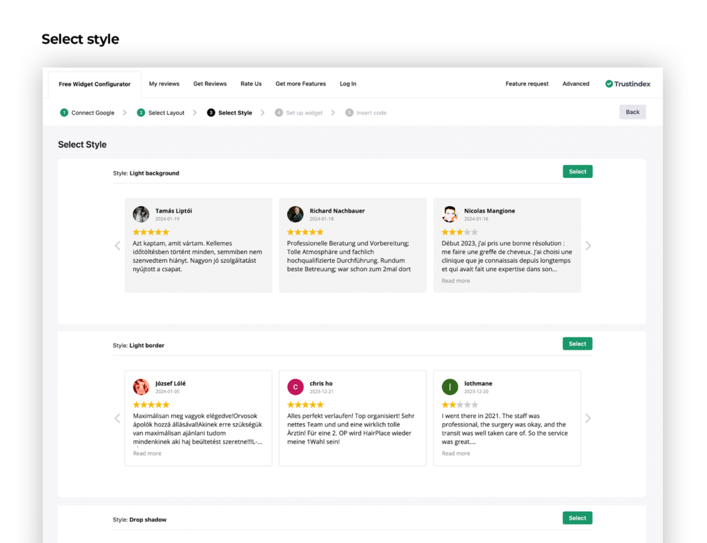 How to select styles in Widgets for Google Reviews