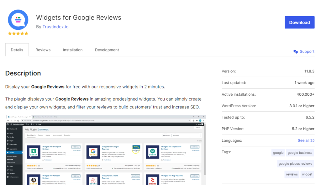 A screenshot of the Widgets for Google Reviews download page