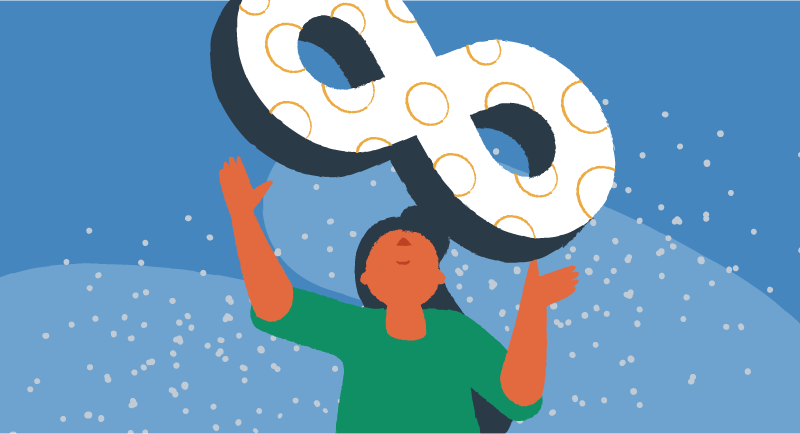 A woman holds a large number 8 over her head.