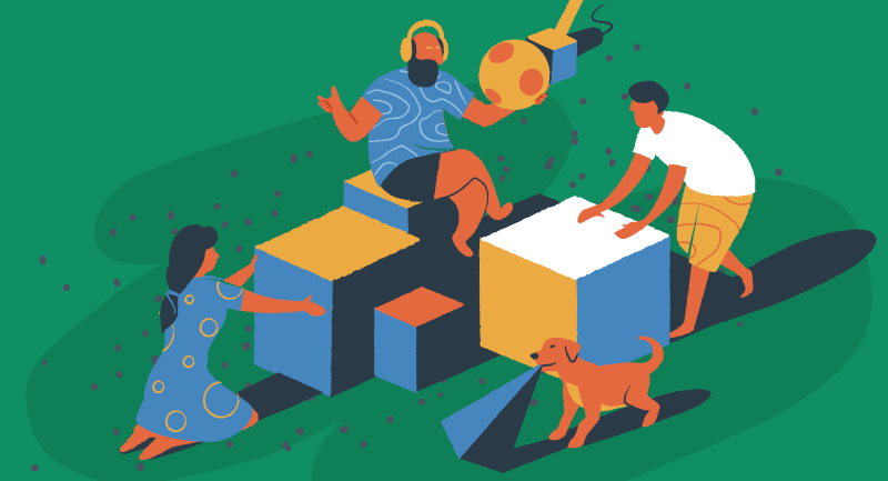 Several people sit on and push large boxes around over a green background.