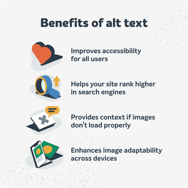 An infographic with four benefits of using alt text in WordPress.