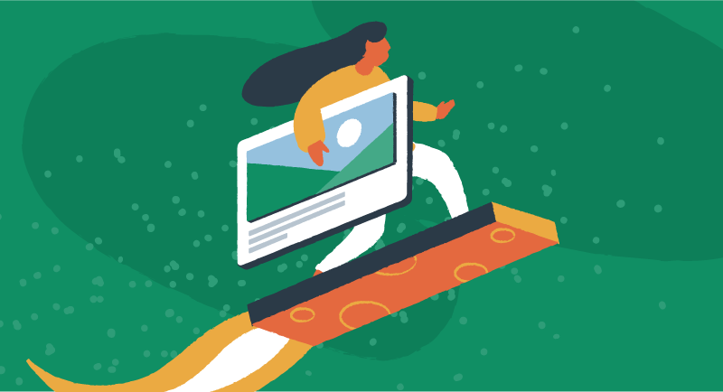 A woman flies quickly across the internet over a green background because her image has been compresses.