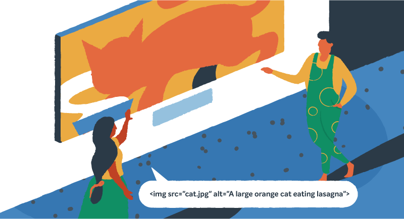 An illustration or photo of an orange cat with the HTML code example below it.
