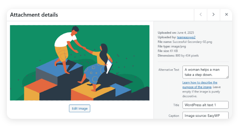A web form with the fields available in the WordPress media library to add alt text.