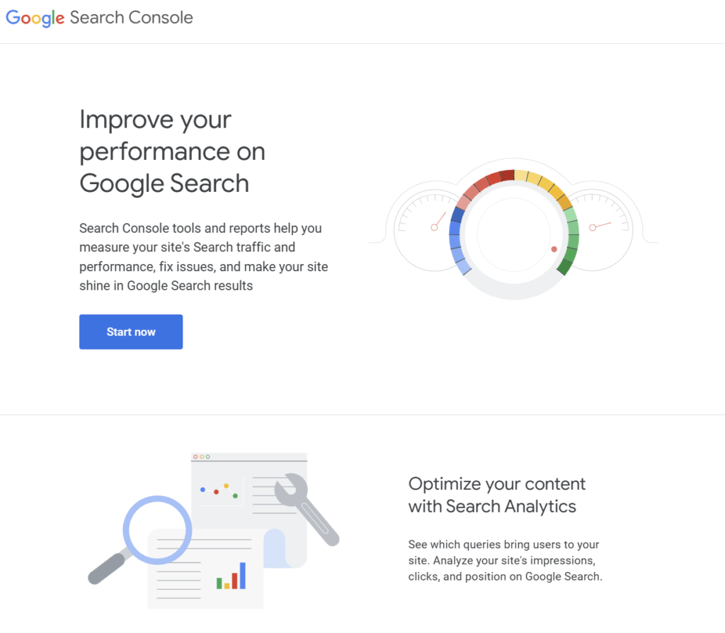 The Google Search Console homepage.