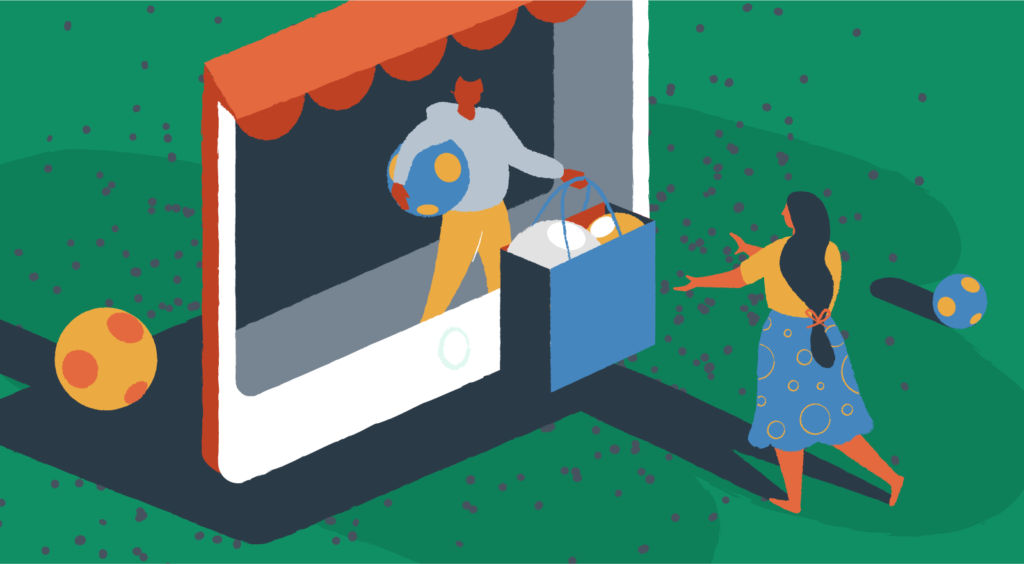 A woman easily makes a purchase from an online store with a red awning.