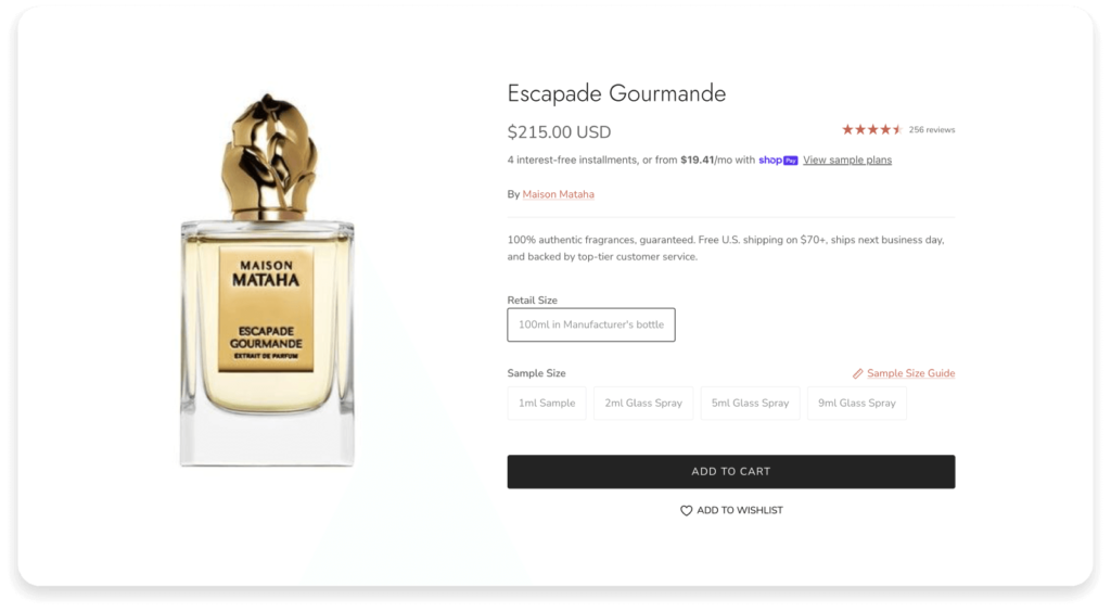 A perfume bottle for sale on an online store website.