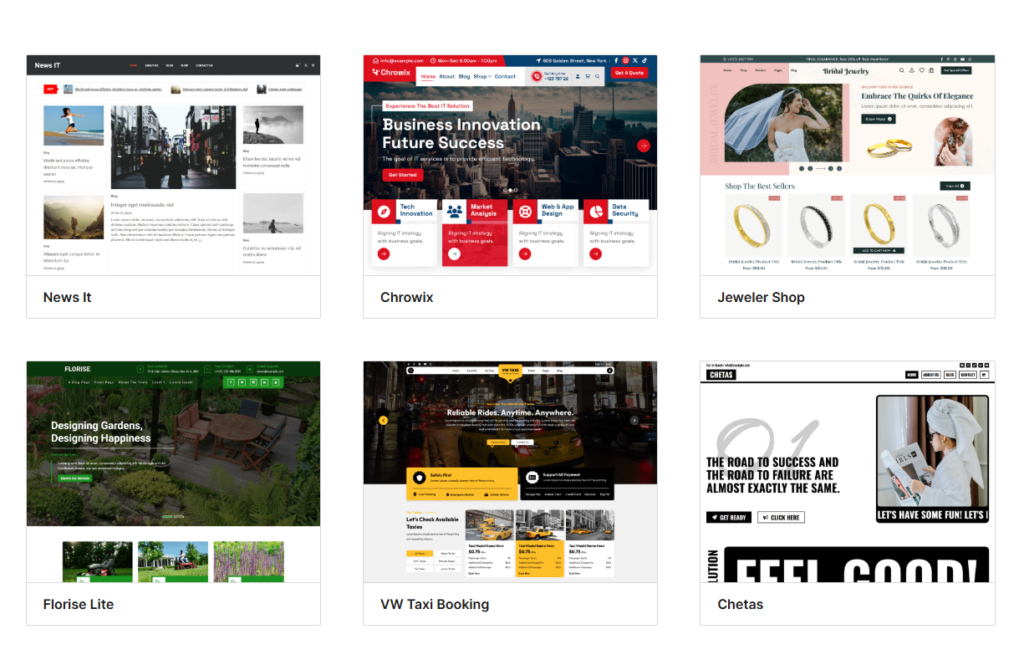 Six examples of WordPress themes for business in a grid.