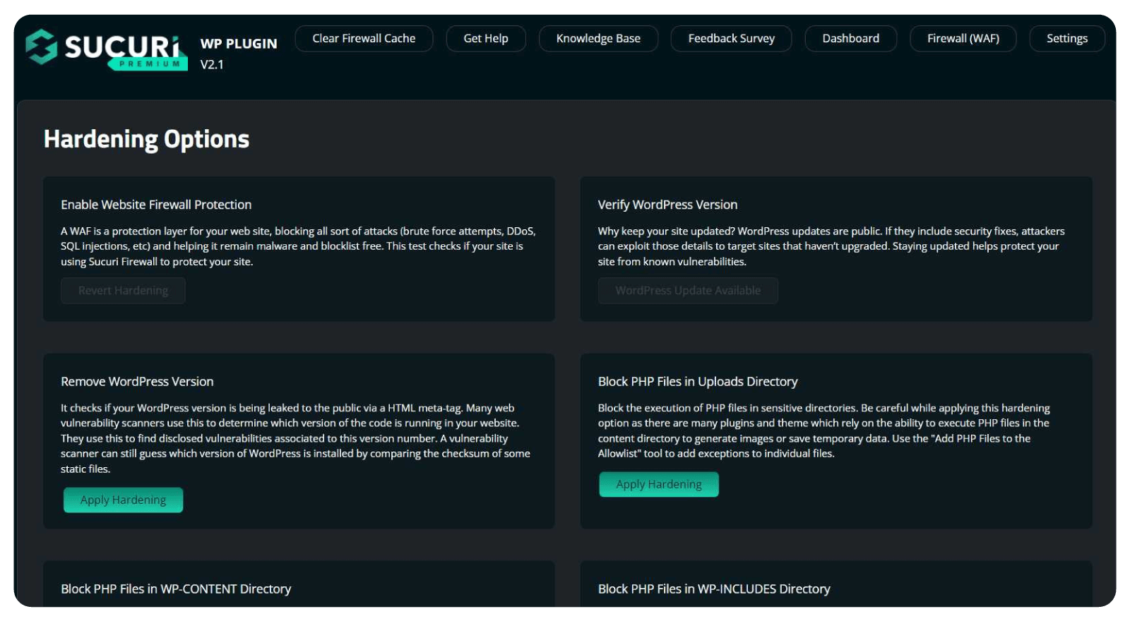 The settings of a WordPress security plugin.