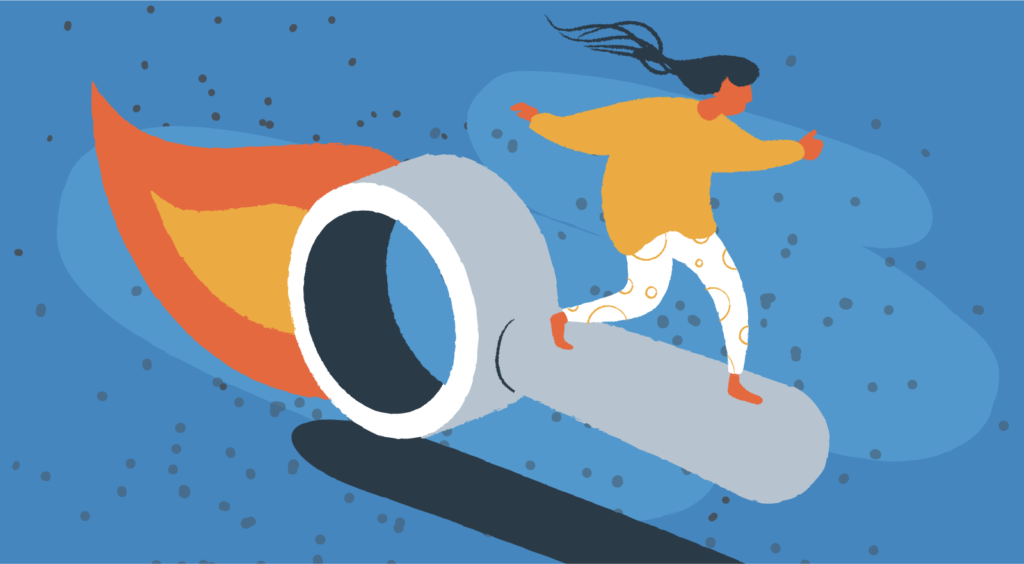 A person rides a magnifying glass over a blue background.