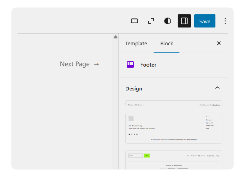 The footer block settings in WordPress.