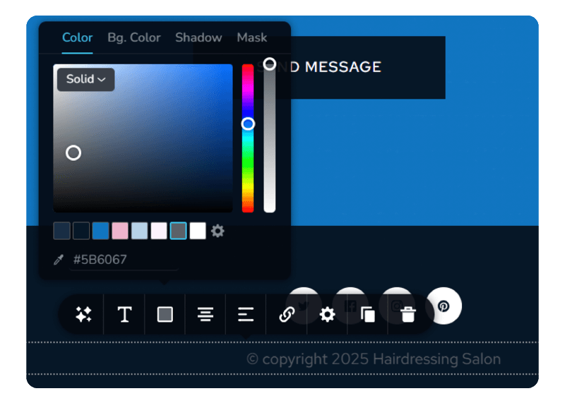 The color customizer in Brizy website builder over a blue background. 
