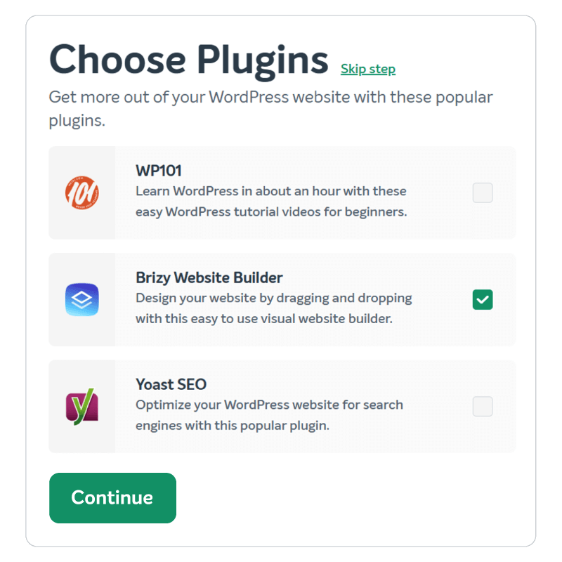 Three options from the Plugin selector in EasyWP. 