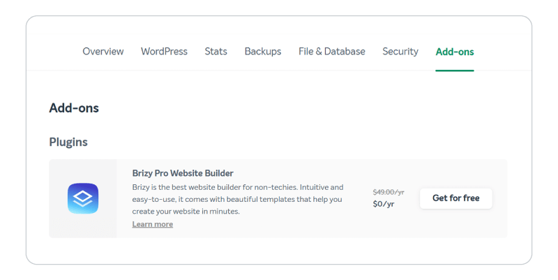 The Brizy site builder plugin is shown in the EasyWP dashboard. 