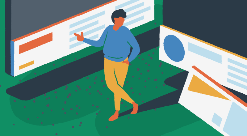 A man in a blue sweater chooses from 3 different footer options. 