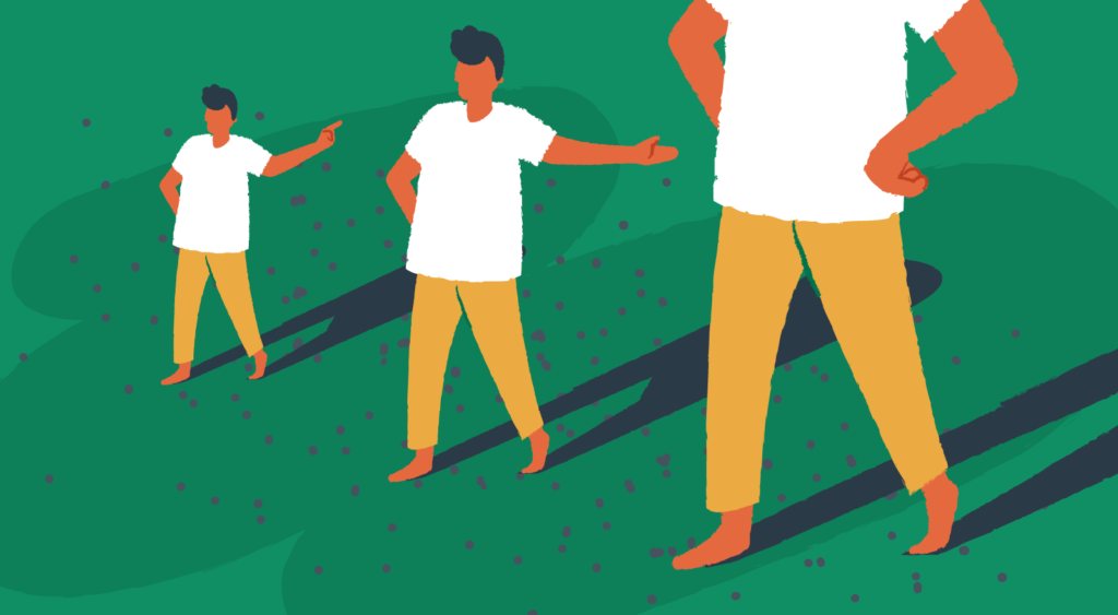 A man over a green background grows bigger from left to right.