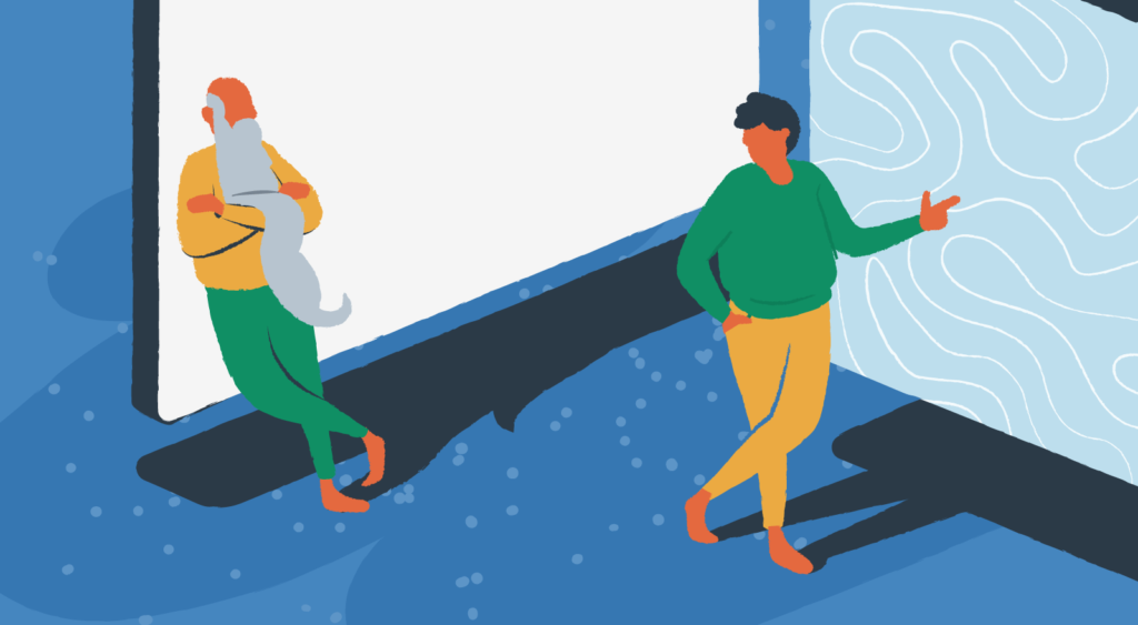 two people of different ages stand next to a website.