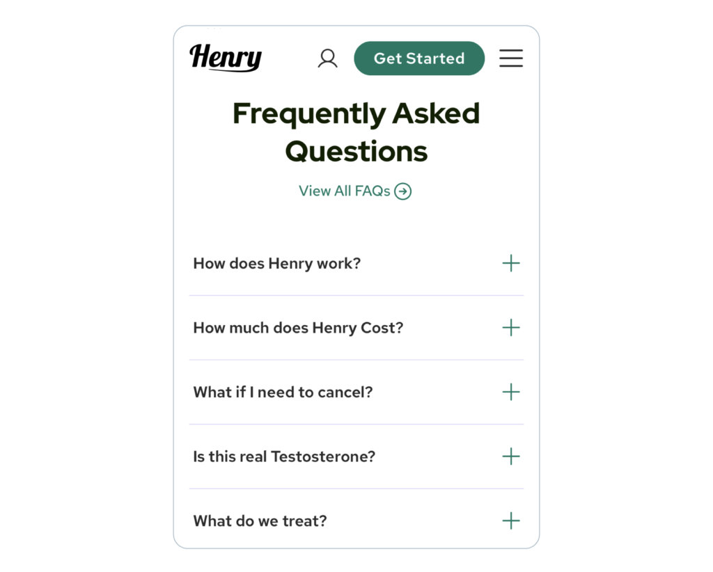 The FAQ section from a page on Henrymeds