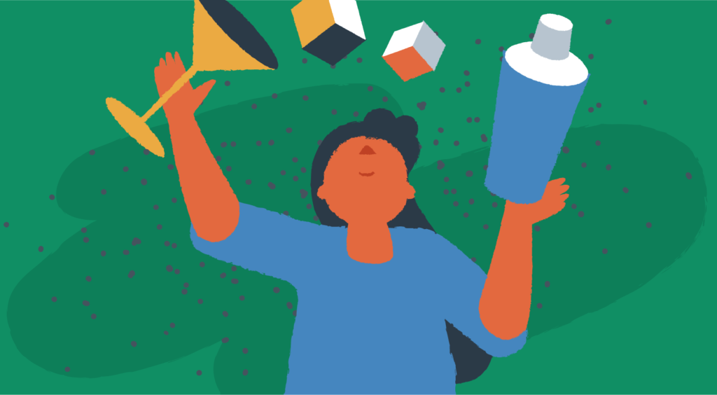 A bartender makes a fancy cocktail over a green background.