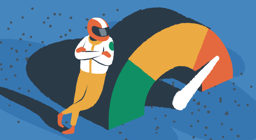 A man stands against a speedometer over a blue background.