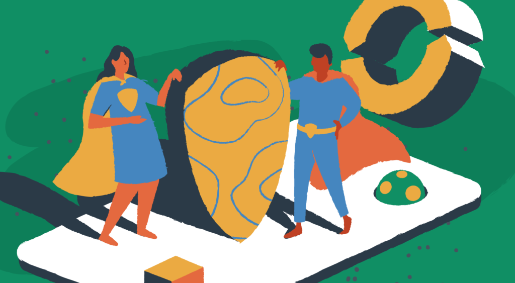 Two superheroes stand guard of a website over a green background.