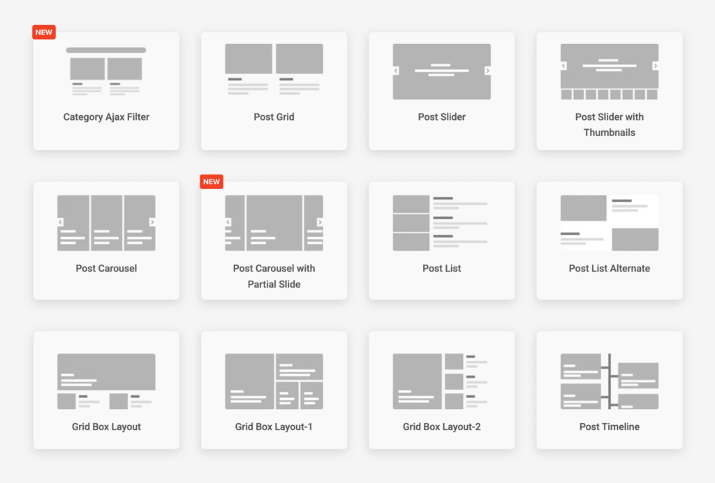Different layout options are shown for the blog designer pack plugin.