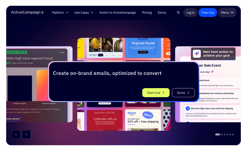 The homepage of  ActiveCampaign