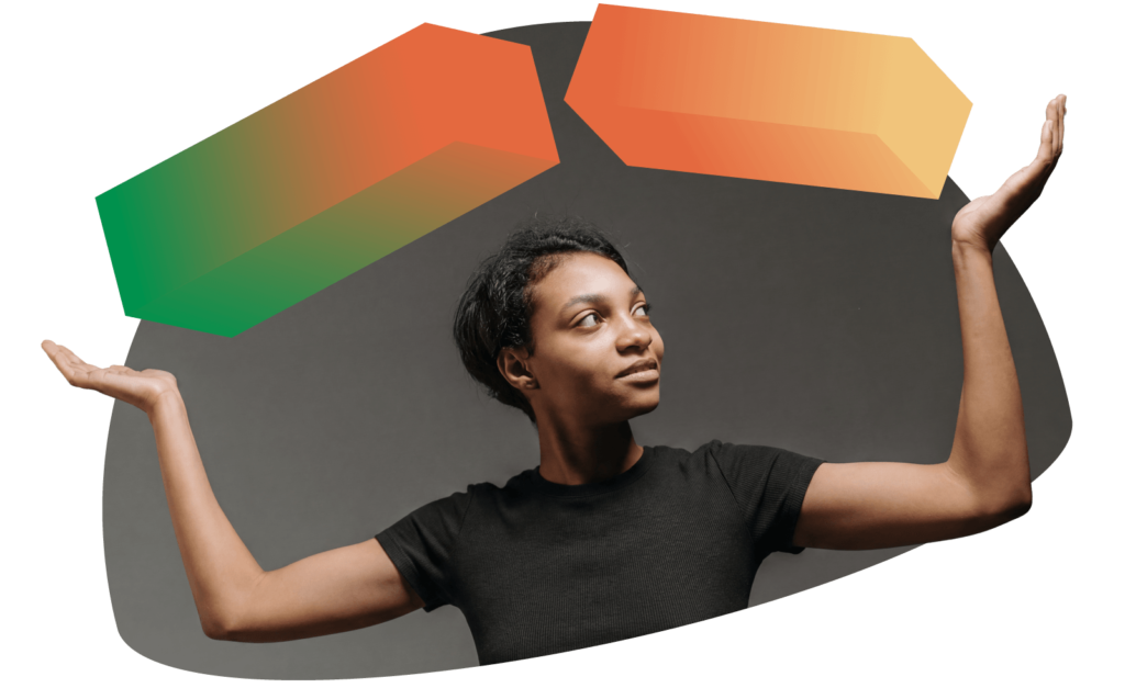 A woman juggles two orange ad blocks.