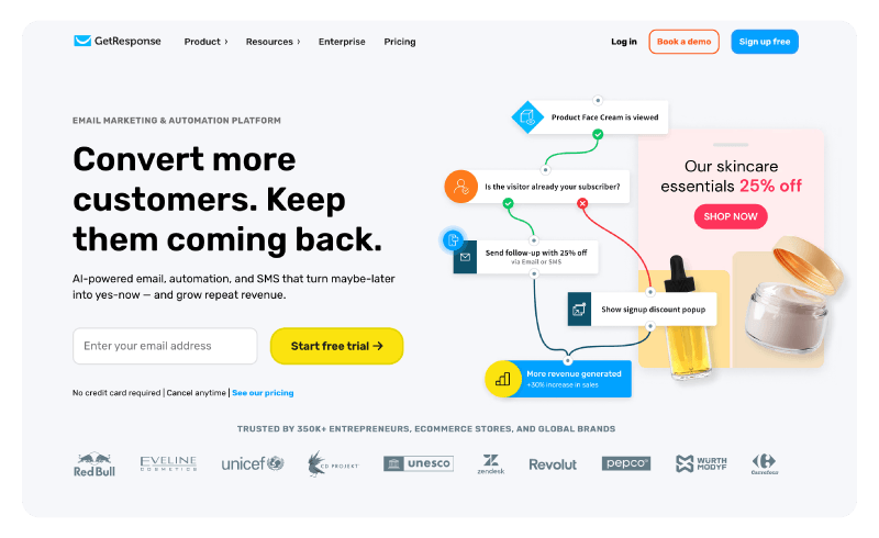 The homepage of GetResponse