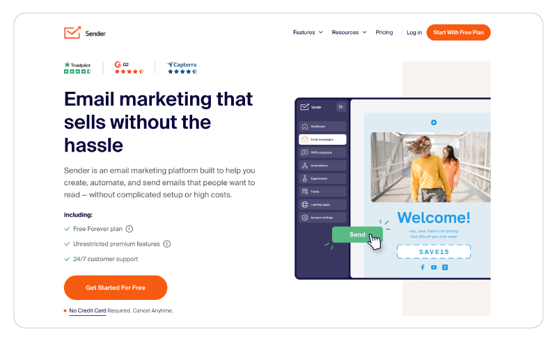 The homepage of Sender.net