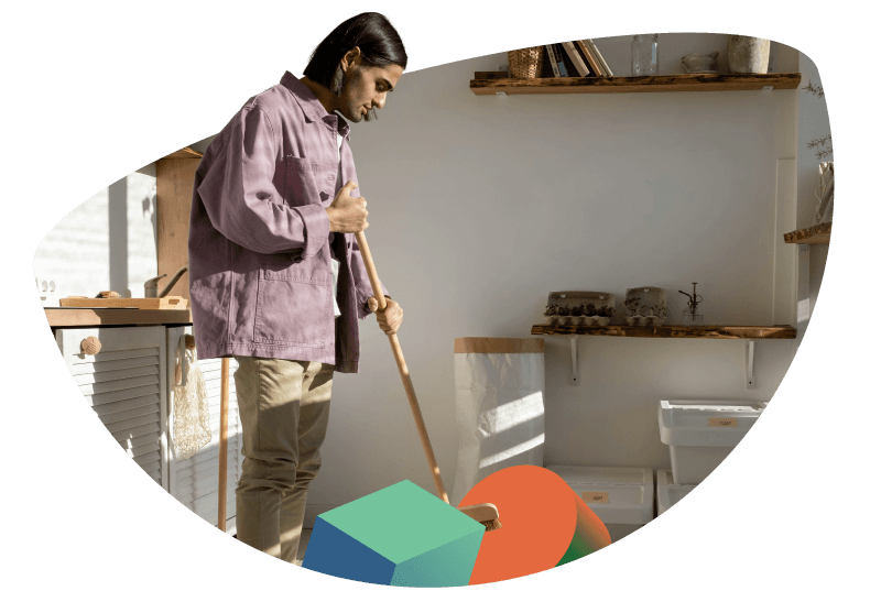 A man sweeps away database bloat with a broom. 