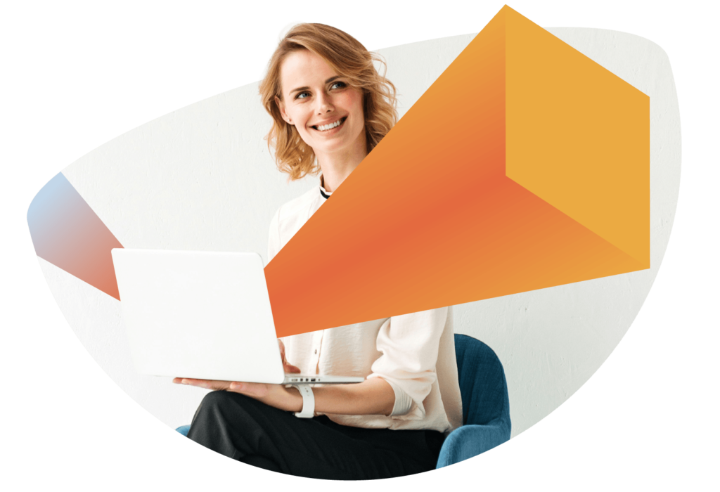 A woman sits at a laptop with content streaming out from a website in an orange stream. 